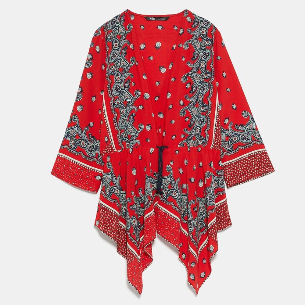 Zara Red Asymmetrical  Floral/Paisley Print Top